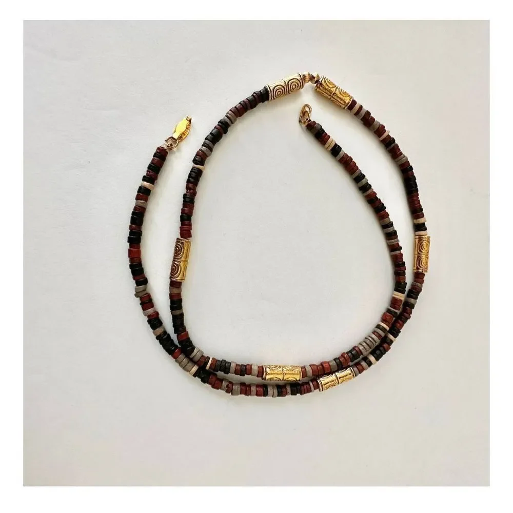 Brown black and gold tone beaded long necklace